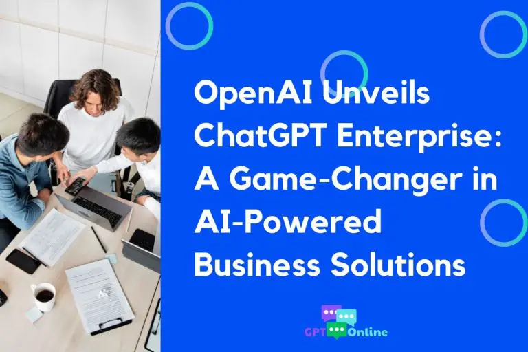 Three people around a laptop and papers beside blue text promoting ChatGPT Enterprise.