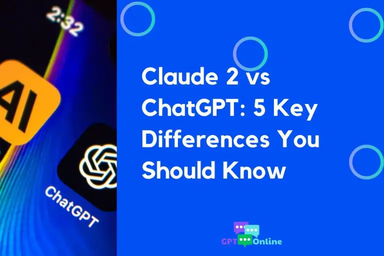 Archival Claude 2 versus ChatGPT comparison graphic with a blue title panel, phone imagery and GPTOnline logo.