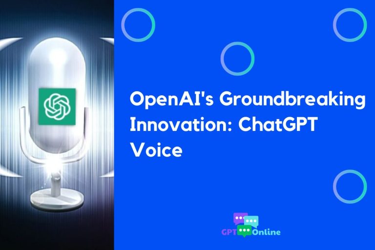Silver microphone bearing the OpenAI logo beside a blue panel reading “OpenAI’s Groundbreaking Innovation: ChatGPT Voice” and the GPTOnline logo.