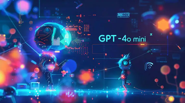 Stylized cyan and blue robot with circuitry and GPT-4o mini lettering