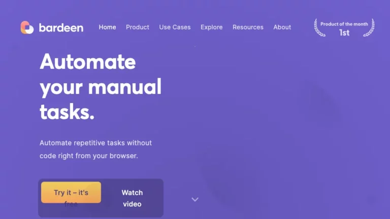 Historical Bardeen homepage with a purple background, manual-task automation headline, and free-access button.