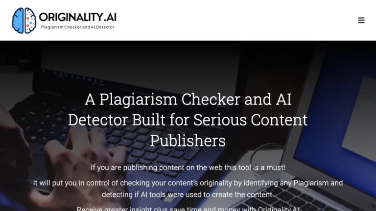 Archived Originality.AI marketing image with a brain logo in a white header above a laptop background