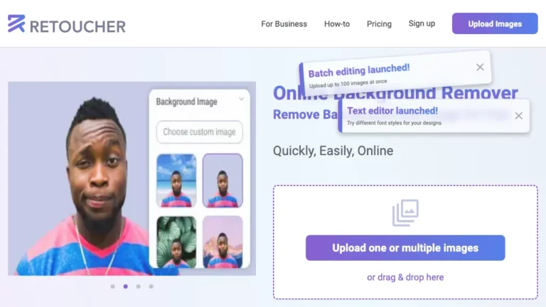 Historical Retoucher homepage with portrait background examples and batch-editing and text-editor banners