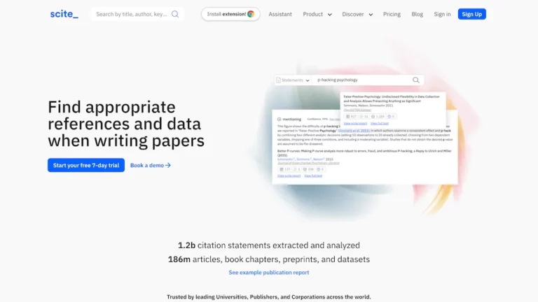 Scite homepage with a research headline, blue call-to-action button and overlapping citation cards.